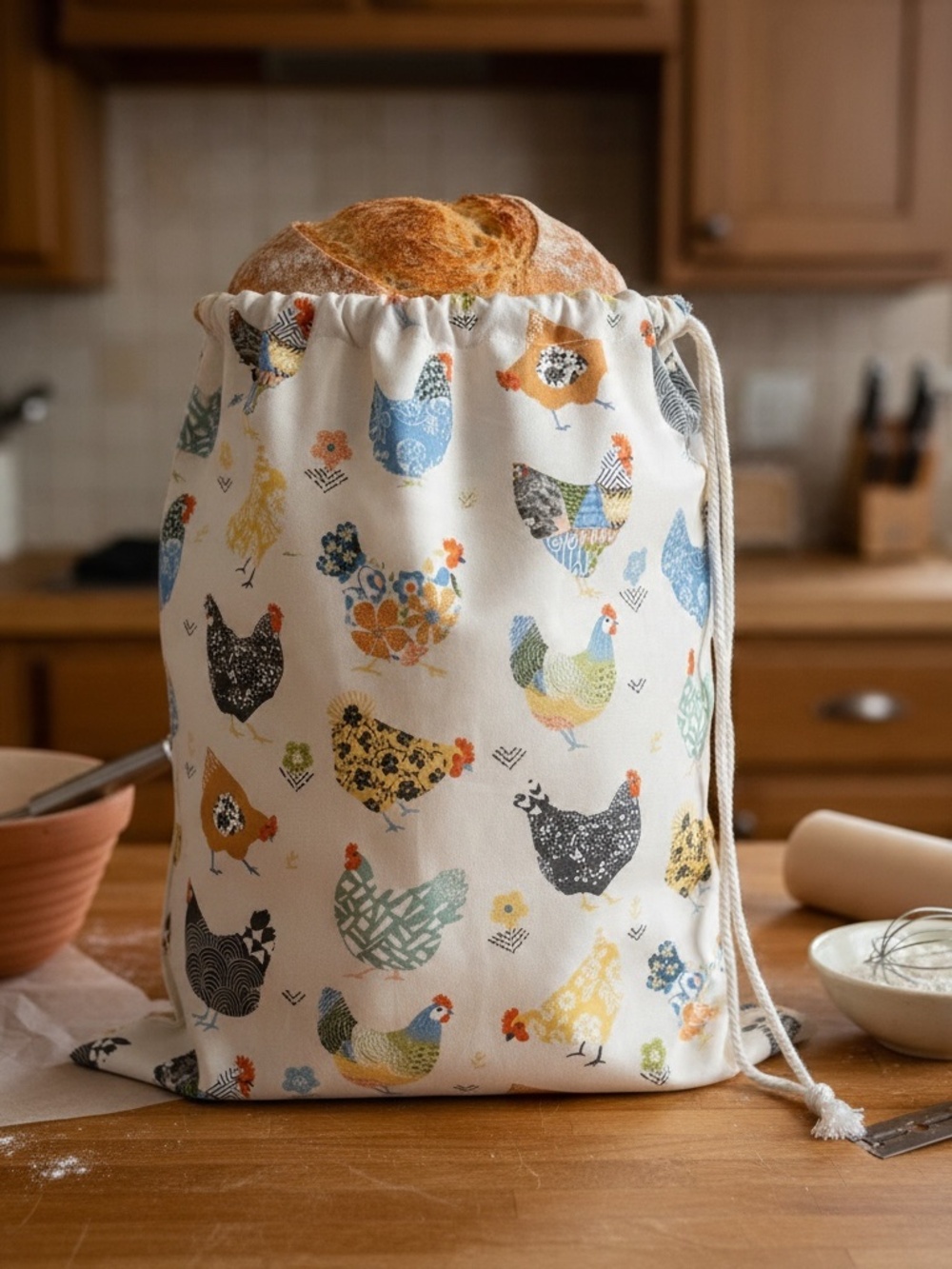 Patterned Chicken Organic Cotton Bread Bag – Reusable Farmhouse Bread Storage